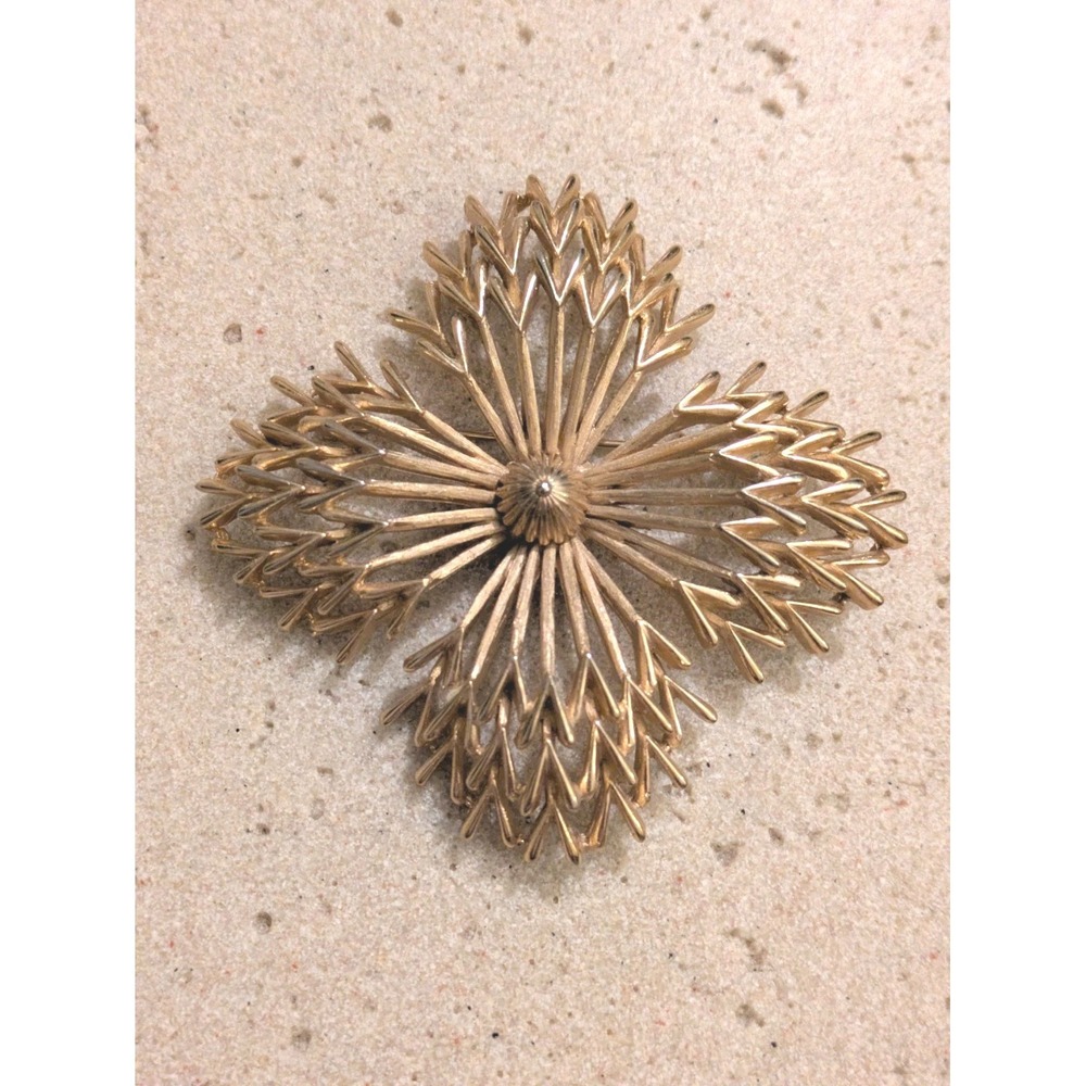 Vintage Trifari Brooch Gold Tone 1960s Modernist Atomic Starburst Heavy Pin
